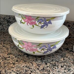 Vintage y2k GMI Enamel Nesting Mixing Bowls Set of 2 White Floral Iris Pattern